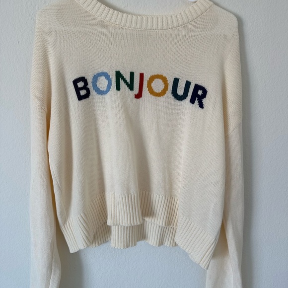 Z Supply Sweaters - Z Supply “BONJOUR” – Cream Knit Pullover, 100% Cotton, Rainbow Letters, M
